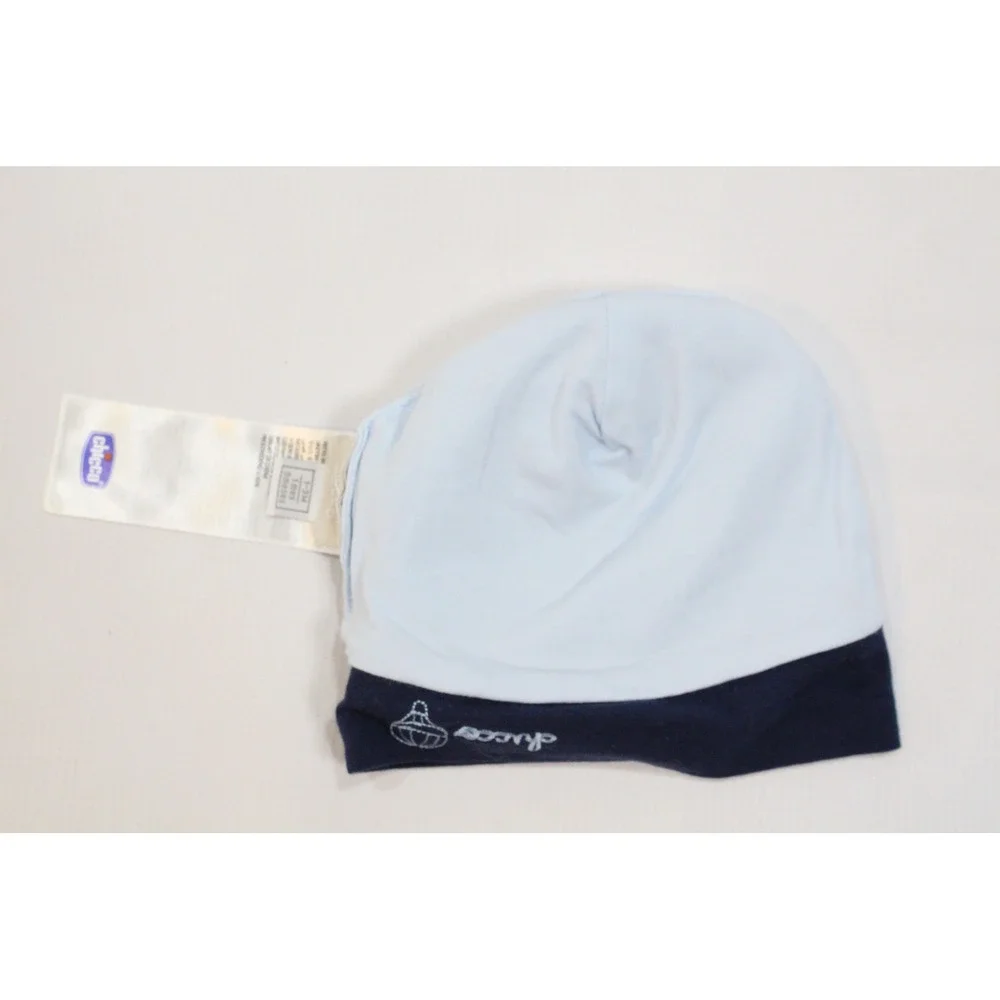 Chicco Baby Beanie Hat Plaid Blue Navy Tan Embroidered Logo 1-3 Months TS102